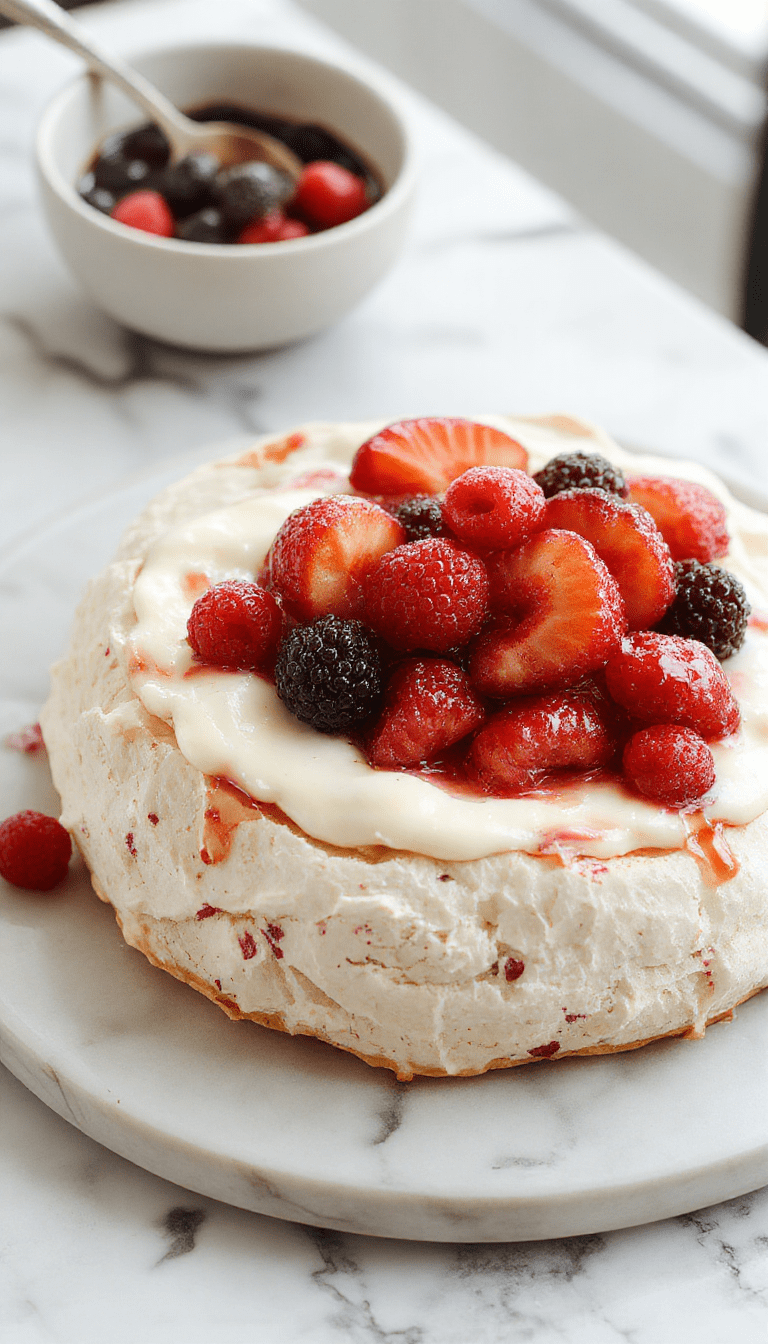 A vibrant Pavlova dessert featuring a crisp, golden meringue base topped with swirls of whipped cream and an assortment of colorful fresh fruits like berries, kiwis, and mango slices, arranged artfully on a white plate with a rustic wooden background.