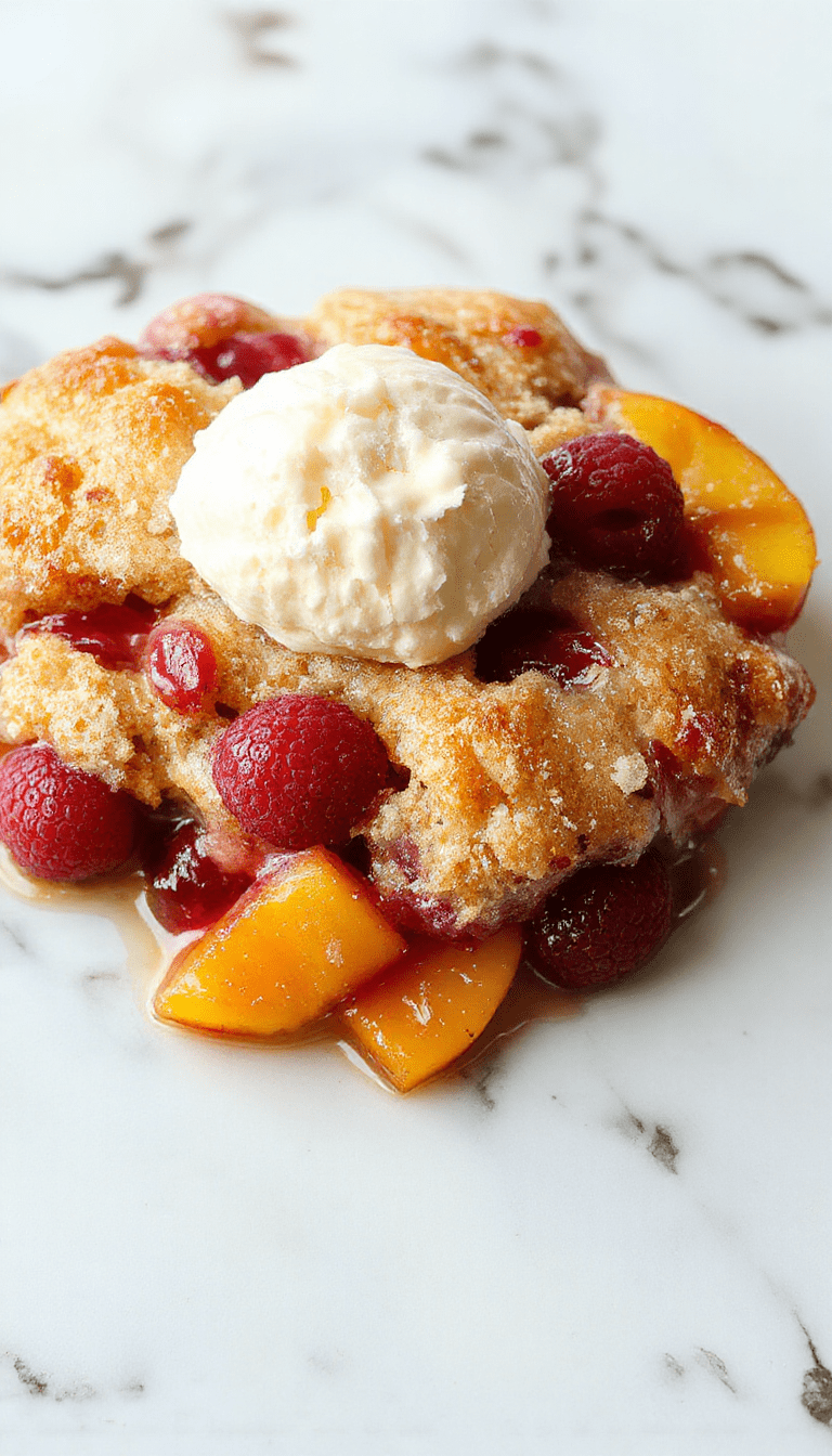 A vibrant bowl of peach and raspberry cobbler featuring golden-brown baked crust topped with fresh peach slices and bright red raspberries, garnished with powdered sugar, all presented on a rustic wooden table with a scoop of vanilla ice cream beside it.