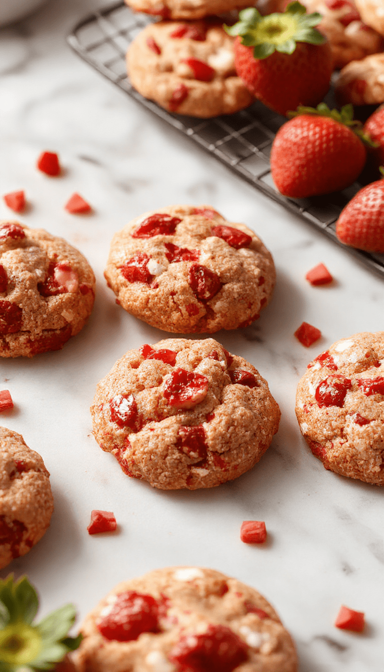 A close-up of vibrant red strawberry crunch cookies on a rustic wooden platter, topped with glistening strawberry bits and a sprinkle of crushed cookie crumbs, styled with fresh strawberries and mint leaves for an inviting, colorful presentation.