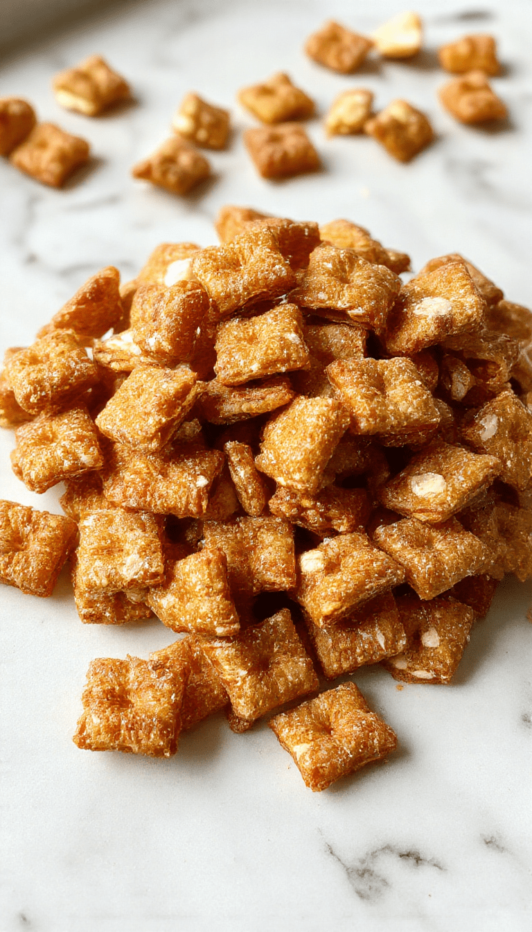 A vibrant bowl of crunchy Chex mix coated with glossy, golden caramel toffee, sprinkled with sea salt and chocolate bits, beautifully styled on a rustic wooden surface with scattered ingredients around.