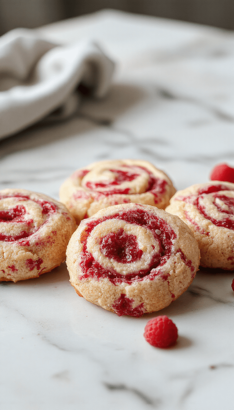 Colorful raspberry swirl cookies arranged on a white plate with vibrant red fruit swirls visible, textured golden edges, and a delicate powdered sugar dusting, styled on a rustic wooden surface.