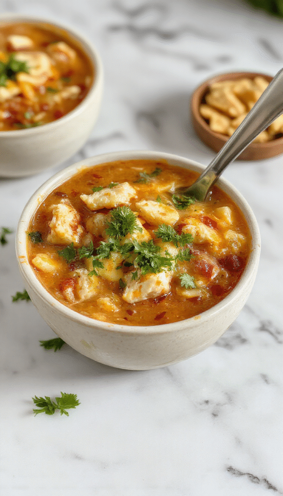 A vibrant bowl of chicken taco soup with shredded chicken, black beans, corn, and diced tomatoes garnished with fresh cilantro and slices of lime, served on a rustic wooden table with a colorful spoon.