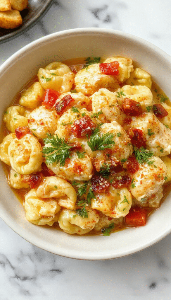 A vibrant, steaming bowl of chicken tortellini topped with fresh herbs sits on a rustic wooden table. The golden-brown tortellini is coated in a creamy sauce, garnished with shredded chicken and chopped basil, with hints of red pepper flakes for color contrast. The scene showcases a homely, inviting atmosphere emphasizing comfort food with rich textures and warm tones.