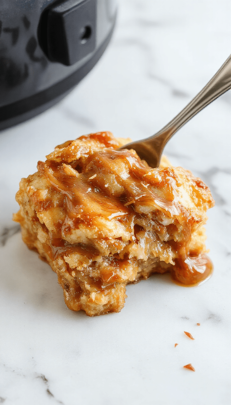 A vibrant dessert presented in a rustic white bowl featuring a golden-brown dump cake topped with caramel sauce, sliced caramelized apples, and a sprinkle of cinnamon, styled on a wooden surface with a spoon and fall-themed decor in the background.