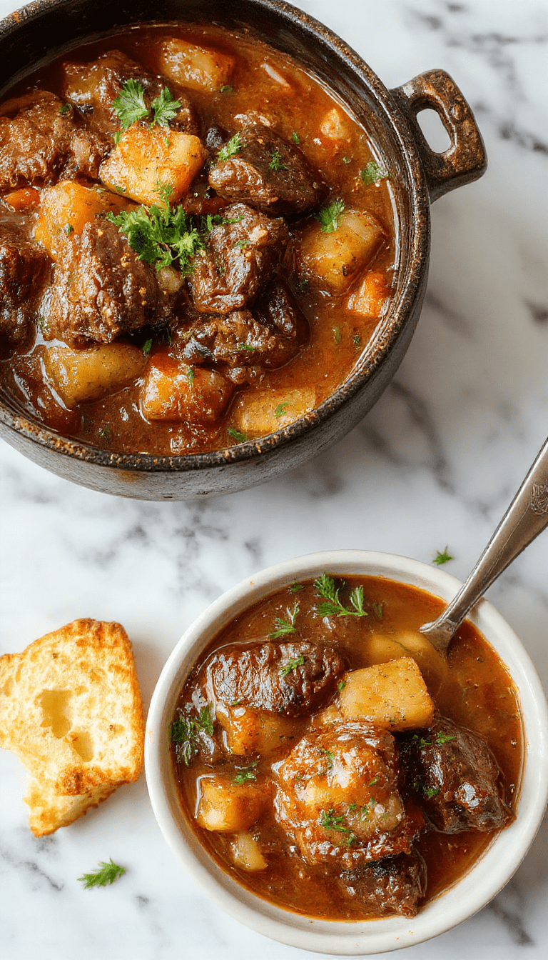 A dark, bubbling cauldron-shaped pot filled with rich beef stew, surrounded by mystical herbs and vegetables, with a smoky, enchanted ambiance and steamy textures