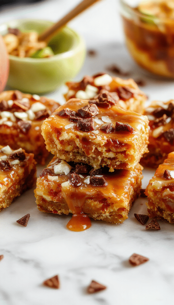 A vibrant close-up of salted caramel apple bars showcasing a golden-brown crust topped with glossy salted caramel drizzle, topped with caramelized apple slices, sprinkled with sea salt, and beautifully plated on a rustic wooden surface with fall leaves in the background.