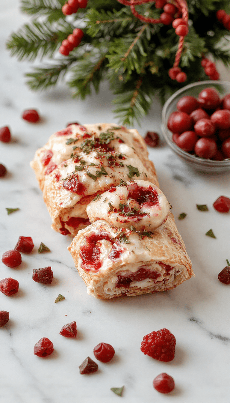 A vibrant plate featuring colorful cranberry-filled roll ups topped with a dusting of powdered sugar, garnished with fresh cranberries and mint leaves, styled elegantly on a white platter with festive holiday decorations in the background.