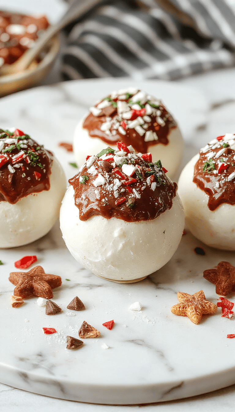 A vibrant scene featuring a glossy, round hot chocolate bomb resting in a festive mug, topped with whipped cream and colorful sprinkles, with a broken shell revealing rich cocoa and marshmallows inside, set against a cozy Christmas-themed background with twinkling lights and seasonal decorations.