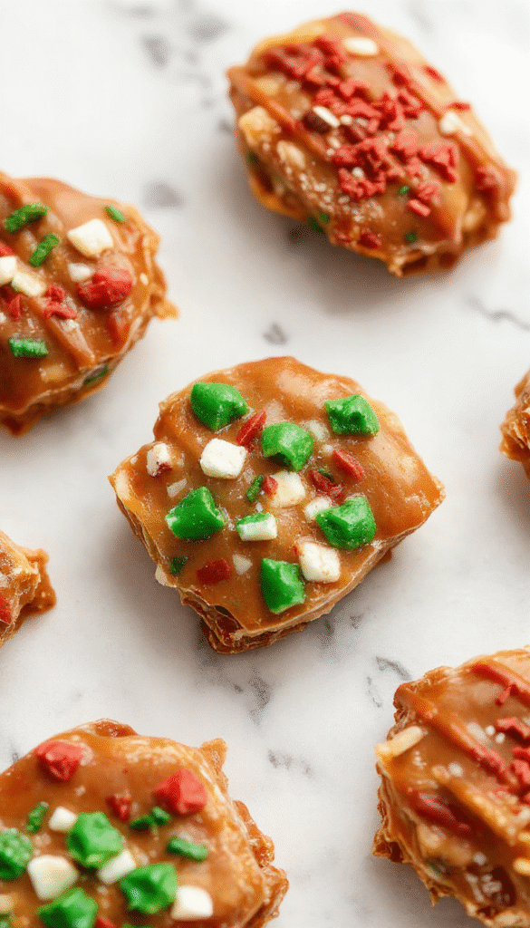 A close-up of shiny golden brown toffee squares topped with chopped nuts and chocolate drizzle, arranged on a festive red platter with holiday decorations in the background, highlighting the glossy texture and crunchy nuts.