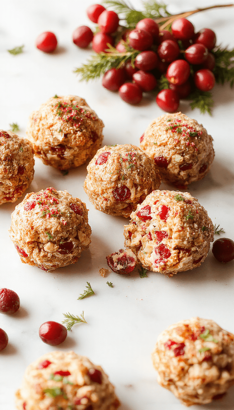 Colorful platter of golden-brown stuffing balls speckled with vibrant red cranberries, neatly arranged on a white serving dish with sprigs of fresh herbs, reflecting warm holiday lighting and inviting textures