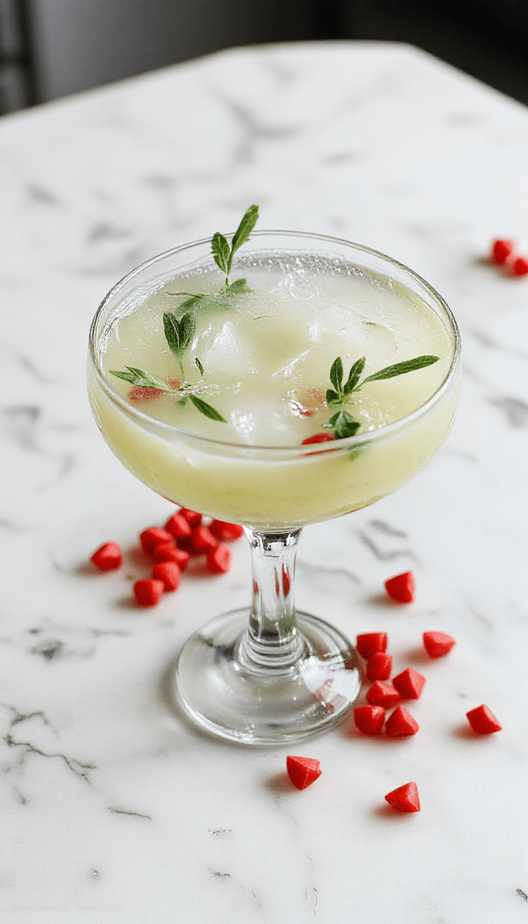 A vibrant mint green cocktail glass filled with a bright red margarita garnished with fresh mistletoe leaves and tiny red berries, set on a holiday-themed table with a snowy background, festive decorations, and a sprinkle of salt on the rim for added texture.