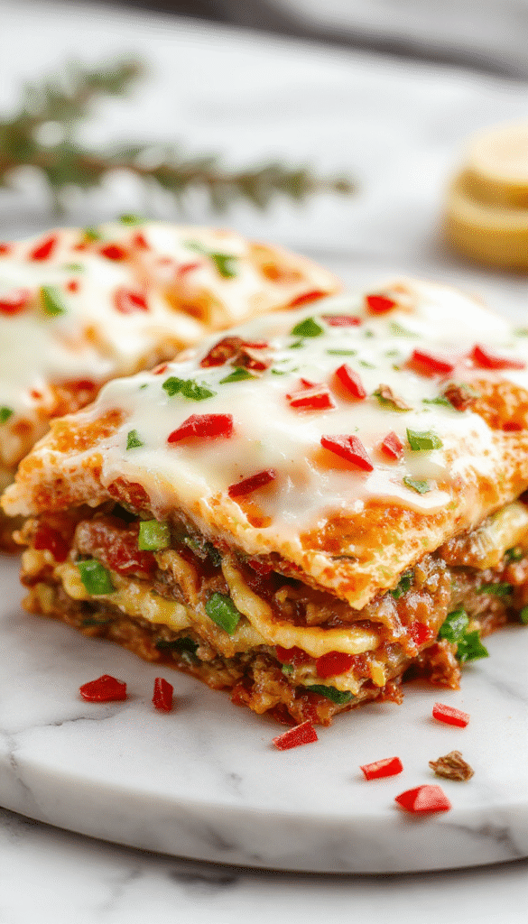 A colorful layered Christmas cookie lasagna on a festive red plate, showcasing vibrant red and green cookie layers with candy decorations, topped with whipped cream and sprinkles, styled on a holiday-themed background with pinecones and festive ornaments.