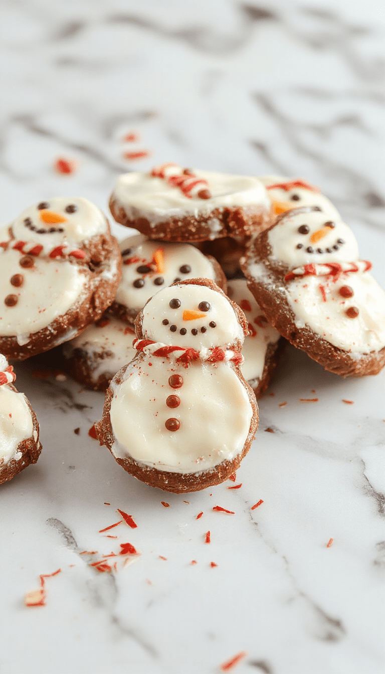 A colorful Christmas snowman-shaped bark with white chocolate base decorated with red and green sprinkles, mini marshmallows, and chocolate buttons, arranged on a festive red plate with a holiday-themed background showing pinecones and ornaments
