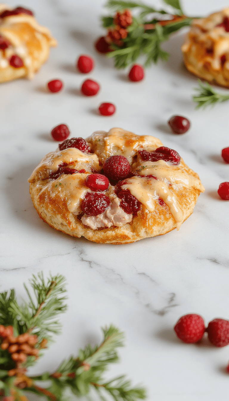 A beautifully arranged crescent ring filled with sliced turkey, vibrant cranberry sauce, and melted cheese on a white platter. The ring is golden brown with crispy edges and steam rising, garnished with fresh herbs. Bright red cranberries and green lettuce leaves decorate the background, with a rustic holiday table setting and warm ambient lighting highlighting the appetizer's inviting textures.