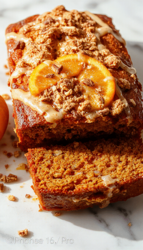 A slice of moist pumpkin bread topped with golden streusel crumbs and drizzled with bright orange glaze, presented on a rustic white plate with a glass of fresh orange juice in the background, vibrant orange and warm brown tones