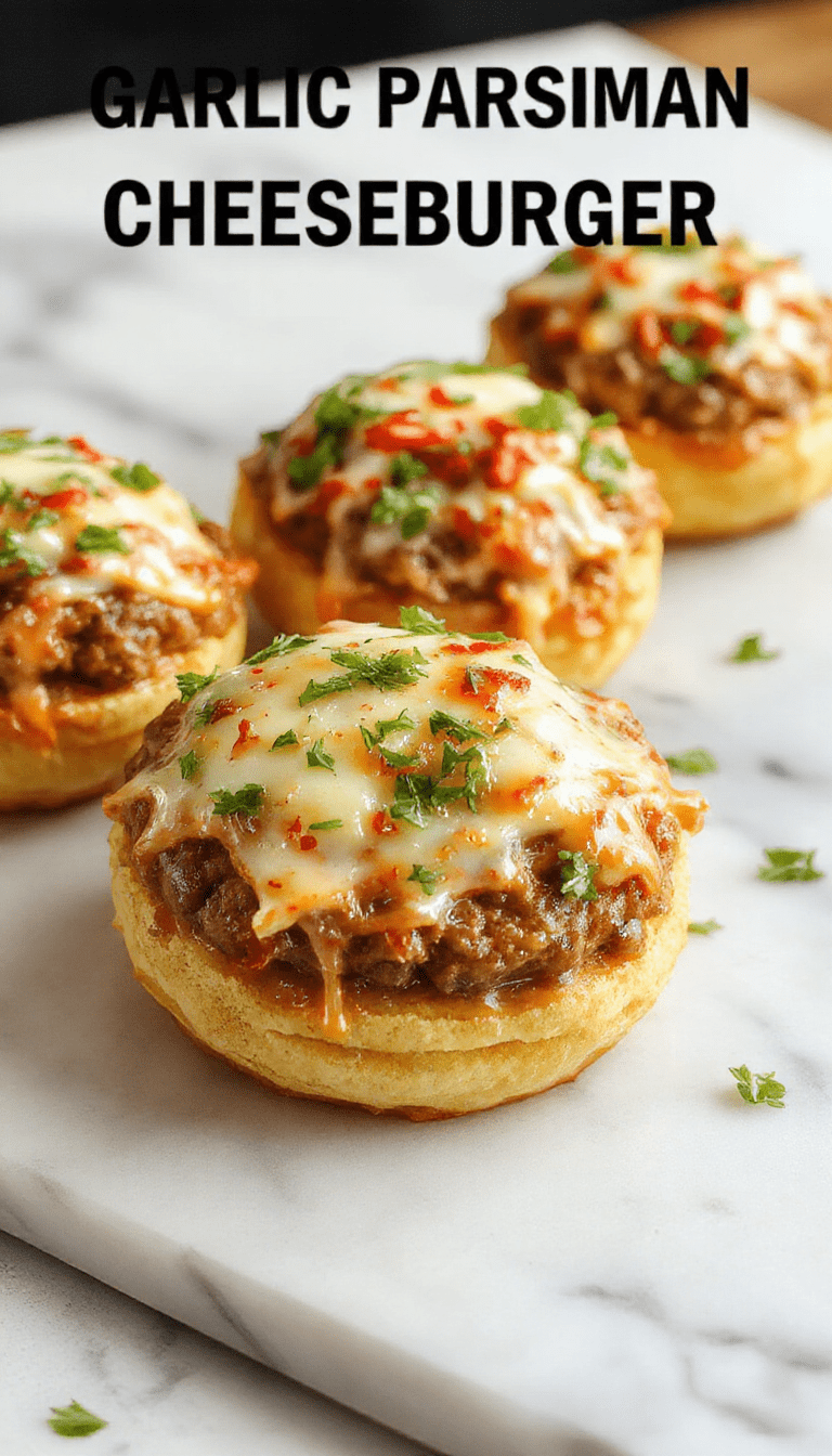 A close-up of golden-brown cheeseburger bombs sprinkled with shredded Parmesan cheese and chopped parsley, arranged on a rustic wooden platter with a side of dipping sauce, steam rising from the warm, cheesy interior, styled with fresh herbs and vibrant condiments