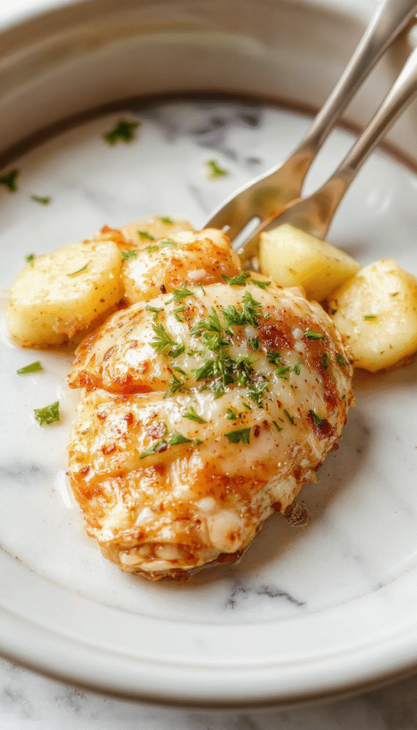 A rustic white plate featuring tender shredded chicken and roasted golden potatoes garnished with fresh parsley and grated parmesan, accompanied by a garlic herb sauce, with a cozy kitchen background