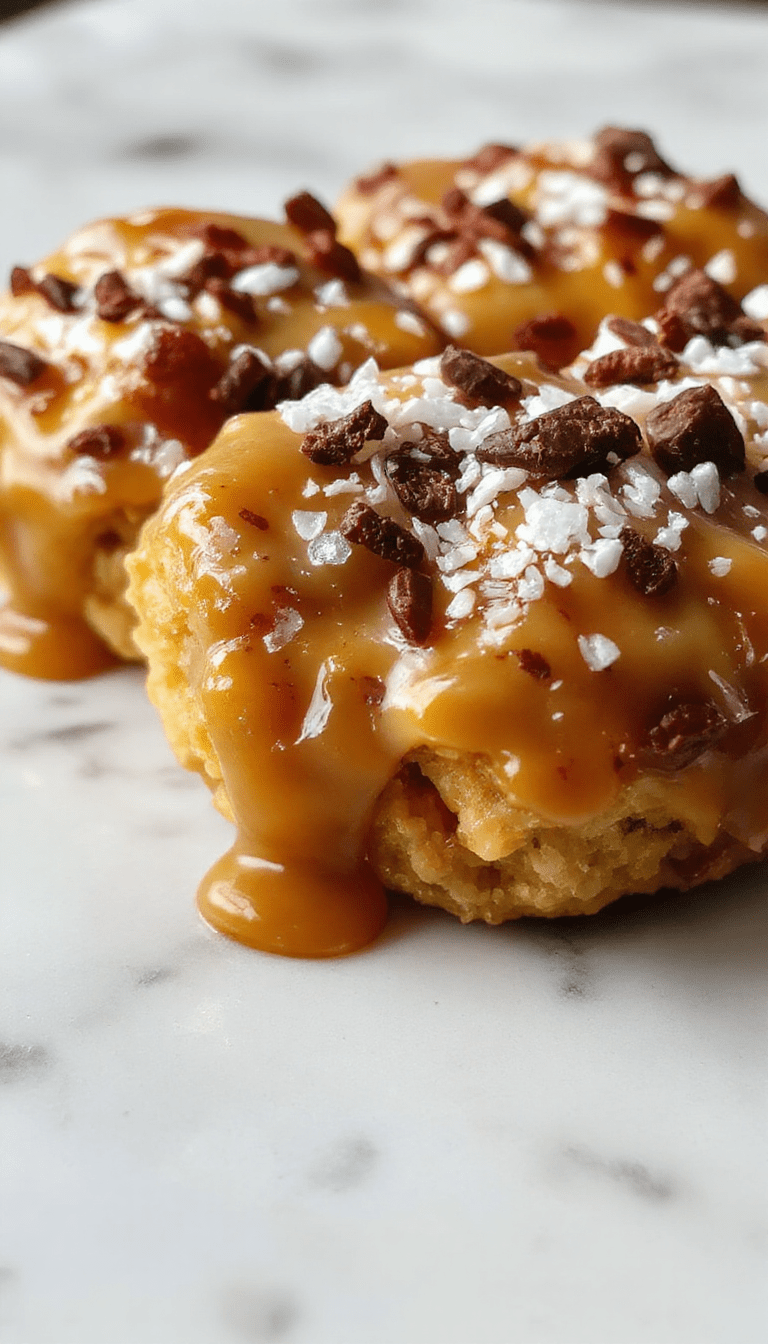 A close-up of a gooey salted caramel dessert with a smooth, glossy caramel topping sprinkled with sea salt, served on a rustic white plate, with a buttery, crumbly base visible underneath, styled on a wooden surface with caramel drizzles and a hint of whipped cream