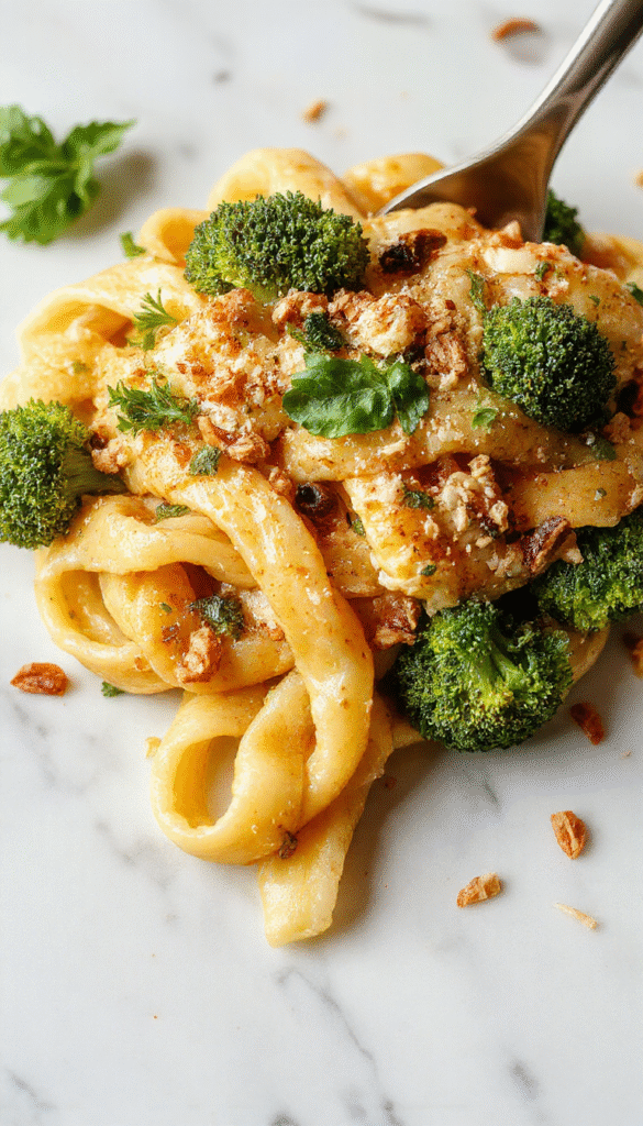 A vibrant plate of healthy broccoli pasta featuring bright green broccoli florets mixed with whole wheat pasta, topped with a sprinkle of grated Parmesan cheese and fresh herbs, arranged neatly on a white ceramic plate with a rustic wooden background.