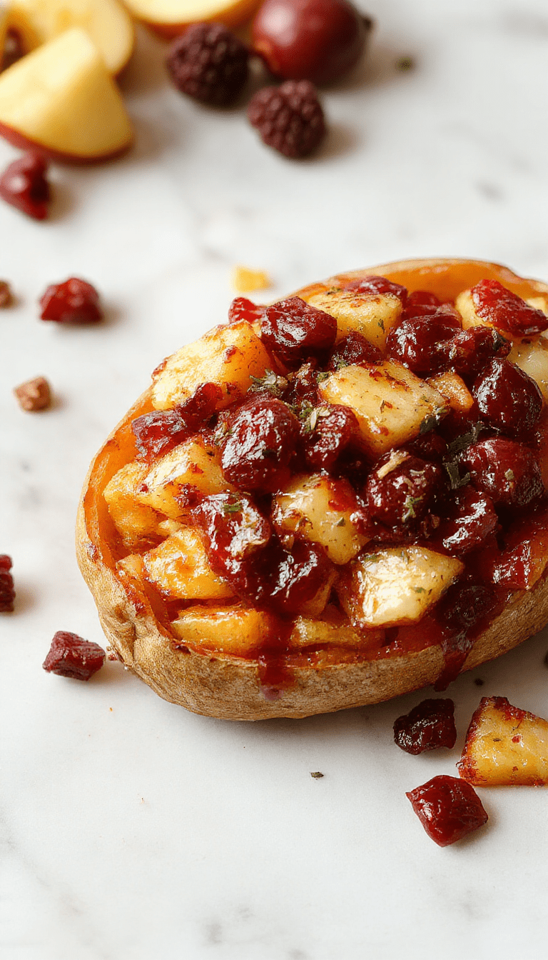 Vivid image of a vibrant orange sweet potato half filled with a colorful mixture of bright red cranberries, golden apple chunks, and mashed sweet potato topped with a sprinkle of cinnamon. The dish is plated on a rustic wooden surface with a garnish of fresh apple slices and cranberries, highlighting textures of the smooth filling and crisp topping.