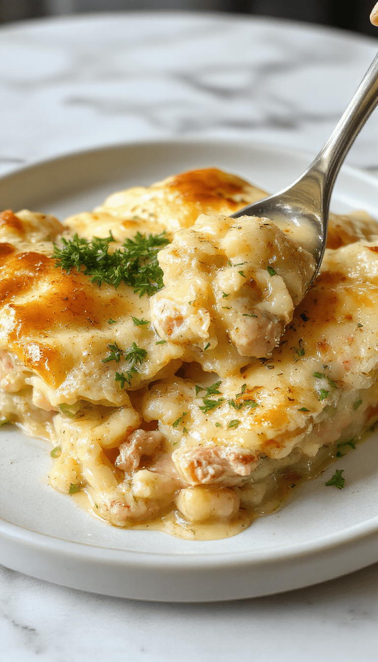 A golden-brown chicken pot pie casserole sliced to reveal a flaky crust topping and a creamy filling with chunks of tender chicken, vegetables, and herbs, garnished with fresh parsley on a rustic wooden plate.