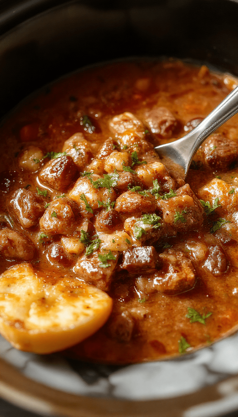 A rustic bowl filled with rich, savory American Goulash featuring tender ground beef, vibrant red tomato sauce, and al dente pasta, garnished with fresh herbs, styled on a wooden table with a spoon and a cozy napkin.