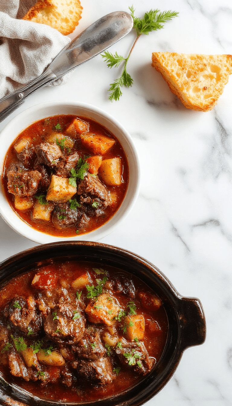 A rustic white bowl filled with rich, tender beef chunks, carrots, potatoes, and celery immersed in a thick, savory brown gravy, garnished with fresh herbs, set on a wooden table with a cozy kitchen background.