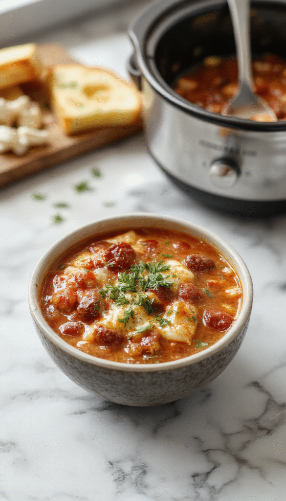 A steaming bowl of rich lasagna soup topped with melted cheese, fresh basil, and hearty tomato broth, presented on a rustic wooden table with basil garnish and crusty bread in the background.