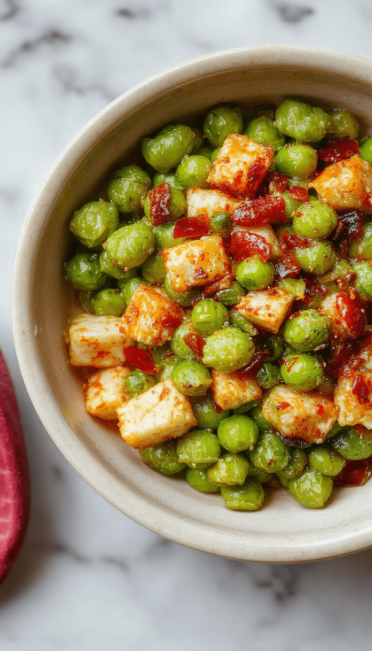 Vibrant green peas garnished with fresh herbs on a rustic wooden plate, accented by golden caramelized onions and a sprinkle of cracked black pepper, styled with a festive fall background
