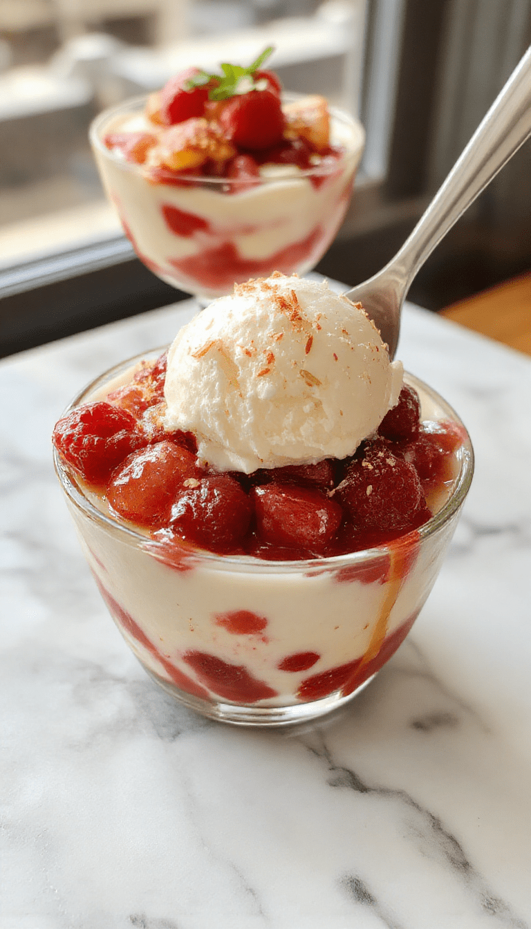 A vibrant layered trifle in a clear glass bowl showcasing colorful fruit, cream layers, and crunchy toppings, styled elegantly on a white plate with garnish