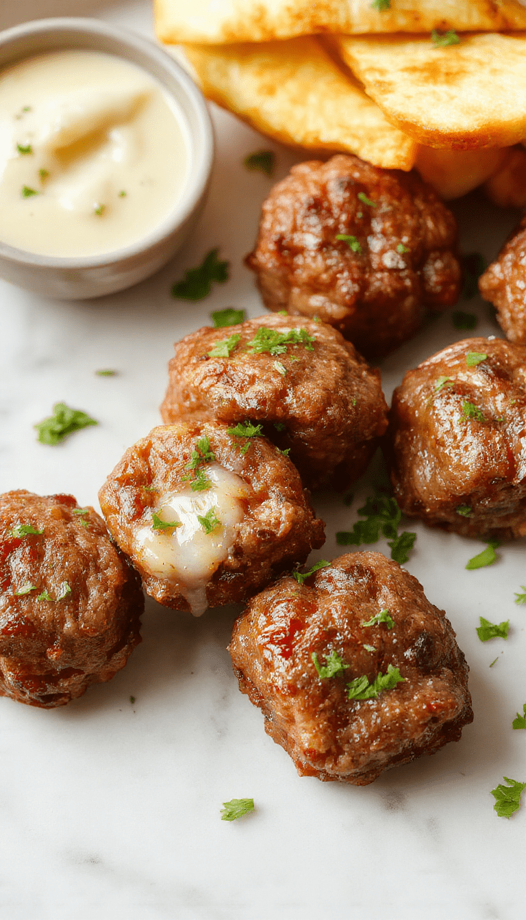 Colorful plate featuring golden-brown beef bites glazed in garlic butter, garnished with fresh herbs, served on a rustic wooden table with crispy sides and vibrant vegetables, showcasing a tender and juicy texture with glossy sauce accents
