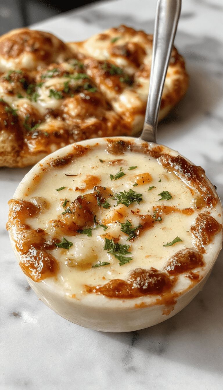 A close-up of a golden-brown pizza topped with melted cheese, caramelized onions, fresh herbs, and a crispy crust, styled on a rustic wooden board with a knife beside it