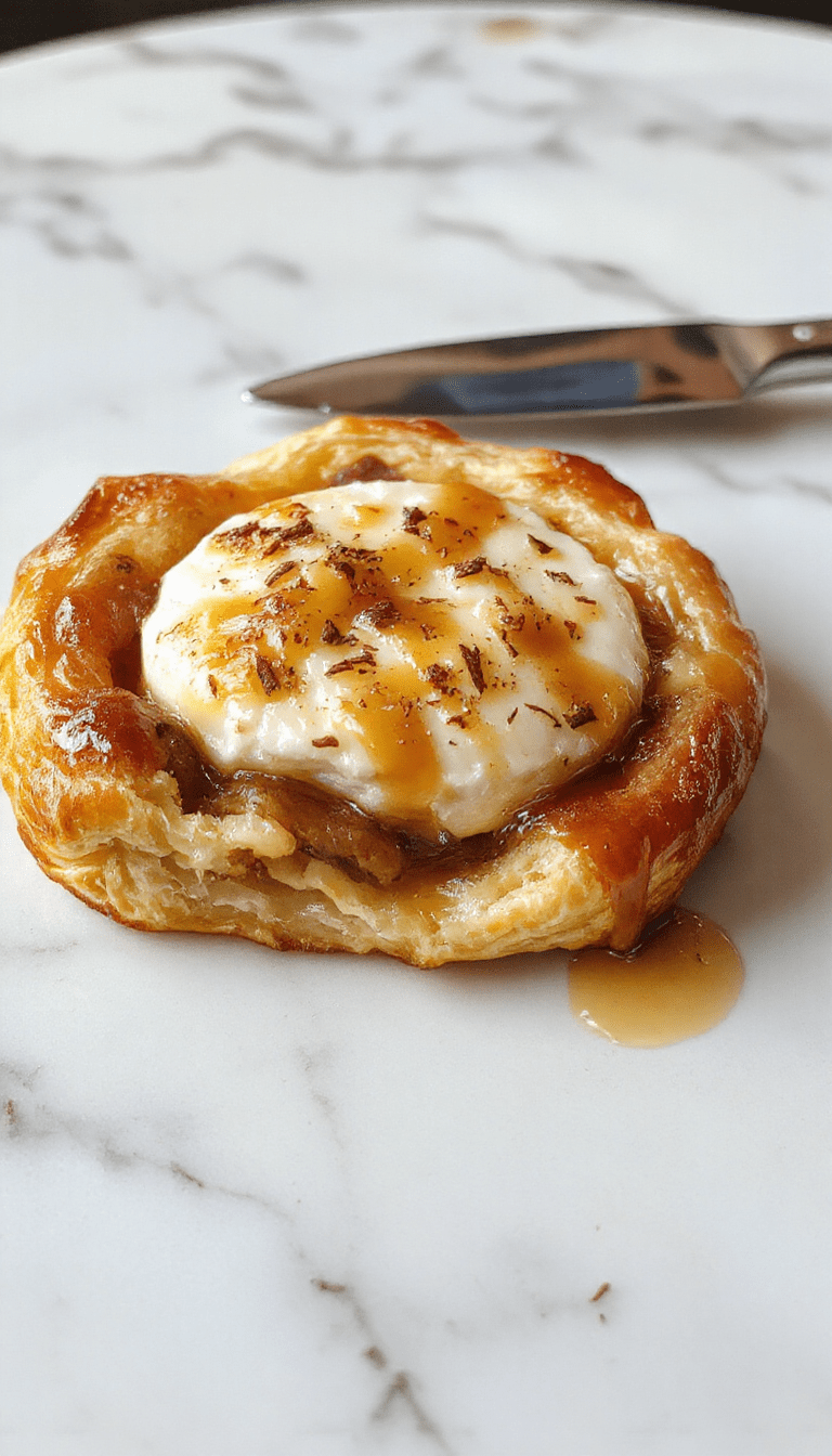 A golden-brown puff pastry wrapped around a melted Brie cheese, topped with a drizzle of honey and slices of fresh figs, styled on a rustic wooden board with a honey dipper and garnished with herbs, showcasing a flaky, crispy texture and appealing contrast between the creamy cheese and fruity toppings.