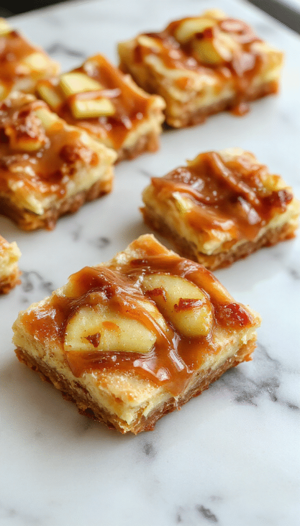 Colorful caramel apple cheesecake bars plated on a rustic wooden surface, with the golden caramel glaze glistening over layers of creamy cheesecake and tender apple chunks, topped with a drizzle of caramel sauce and a sprinkle of cinnamon, styled with apple slices and cinnamon sticks for a cozy, inviting look.