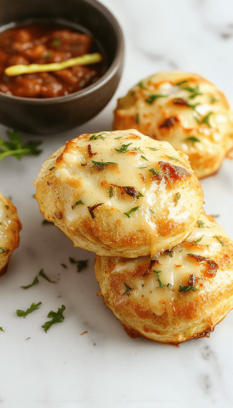 A close-up of golden-brown cheesy garlic rolls arranged on a rustic wooden platter, topped with melted cheese, chopped parsley, and visible garlic bits, with a soft-focus background highlighting their soft, chewy texture and cheesy gooeyness.