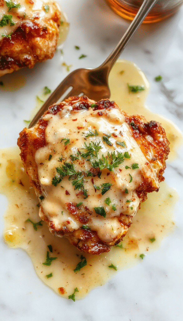 A beautifully plated Irish chicken in whiskey cream sauce featuring tender chicken breasts smothered in rich, velvety sauce with a golden brown exterior. The dish is garnished with fresh herbs and served on a elegant white plate, set against a rustic wooden table, with a side of mashed potatoes and a glass of whiskey in the background, vibrant colors and creamy textures highlighted.
