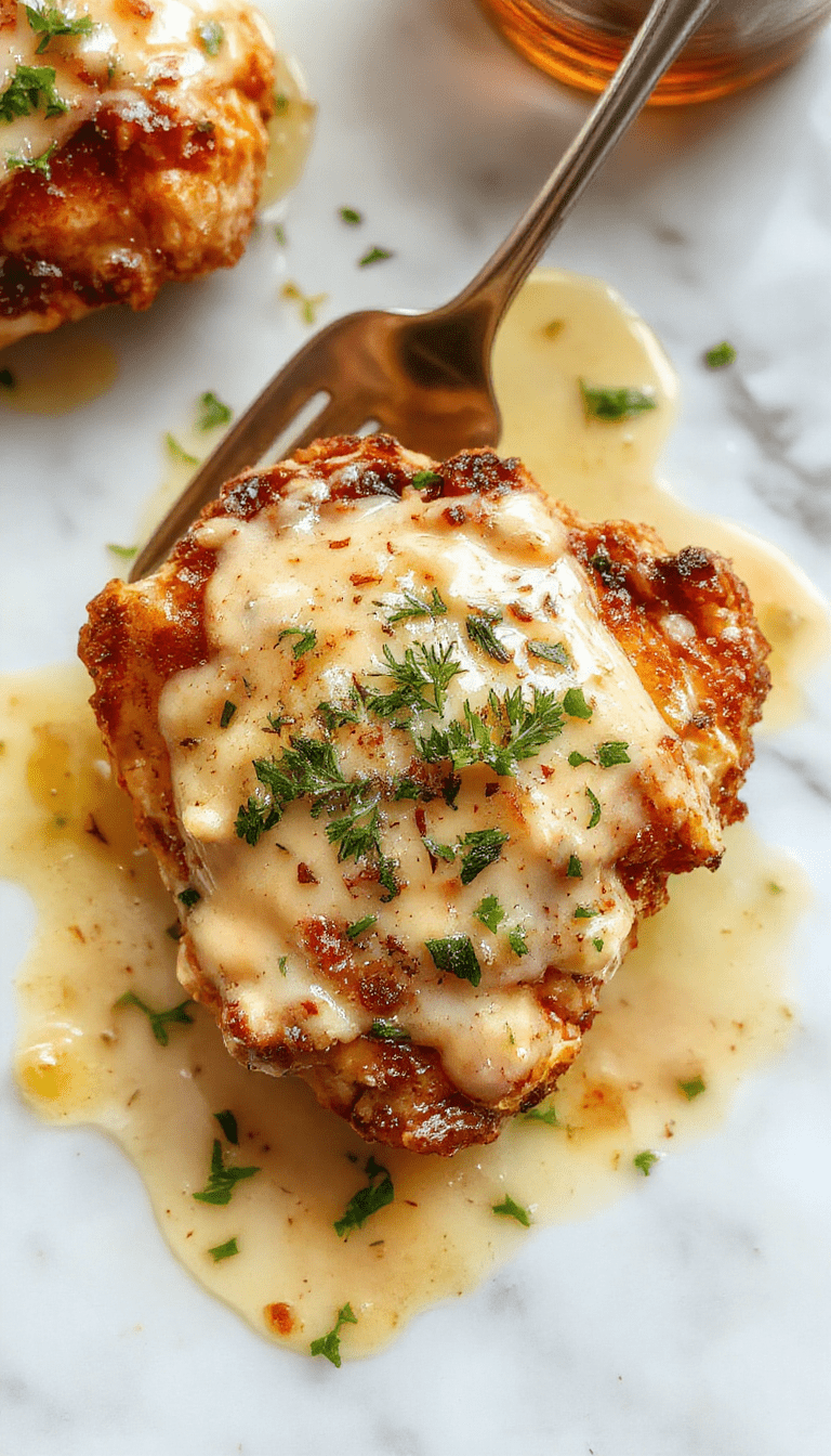 A beautifully plated Irish chicken in whiskey cream sauce featuring tender chicken breasts smothered in rich, velvety sauce with a golden brown exterior. The dish is garnished with fresh herbs and served on a elegant white plate, set against a rustic wooden table, with a side of mashed potatoes and a glass of whiskey in the background, vibrant colors and creamy textures highlighted.