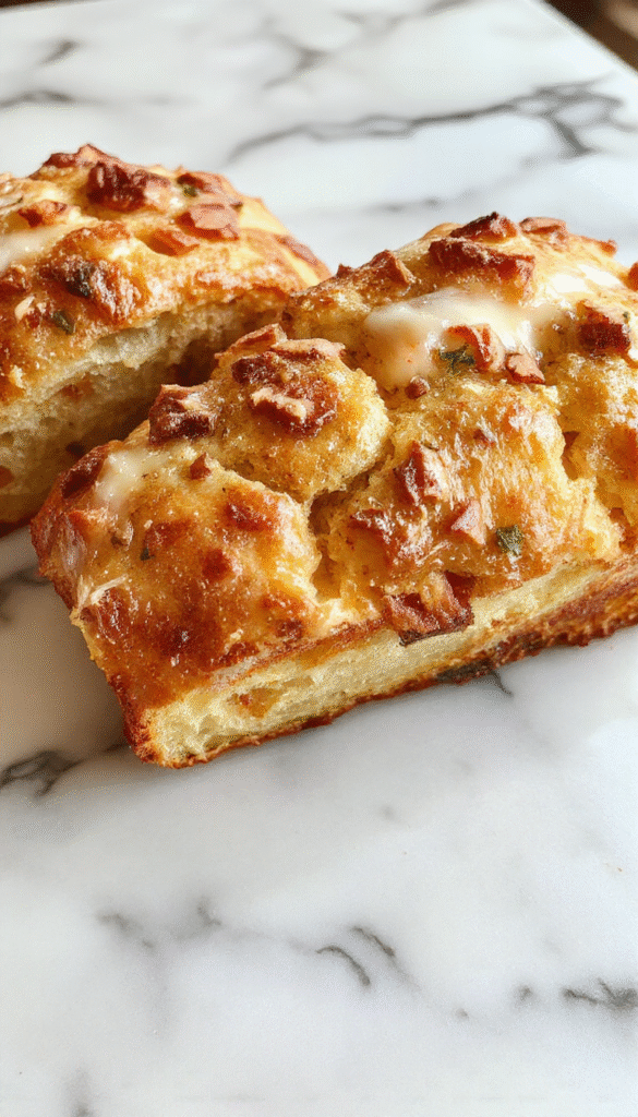 A warmly lit scene featuring a beautifully sliced festive Christmas bread on a rustic wooden platter, topped with powdered sugar and decorated with holly leaves and red berries, surrounded by holiday ornaments and candles, creating a cozy and inviting holiday atmosphere with delicious textures and rich golden-brown crust.