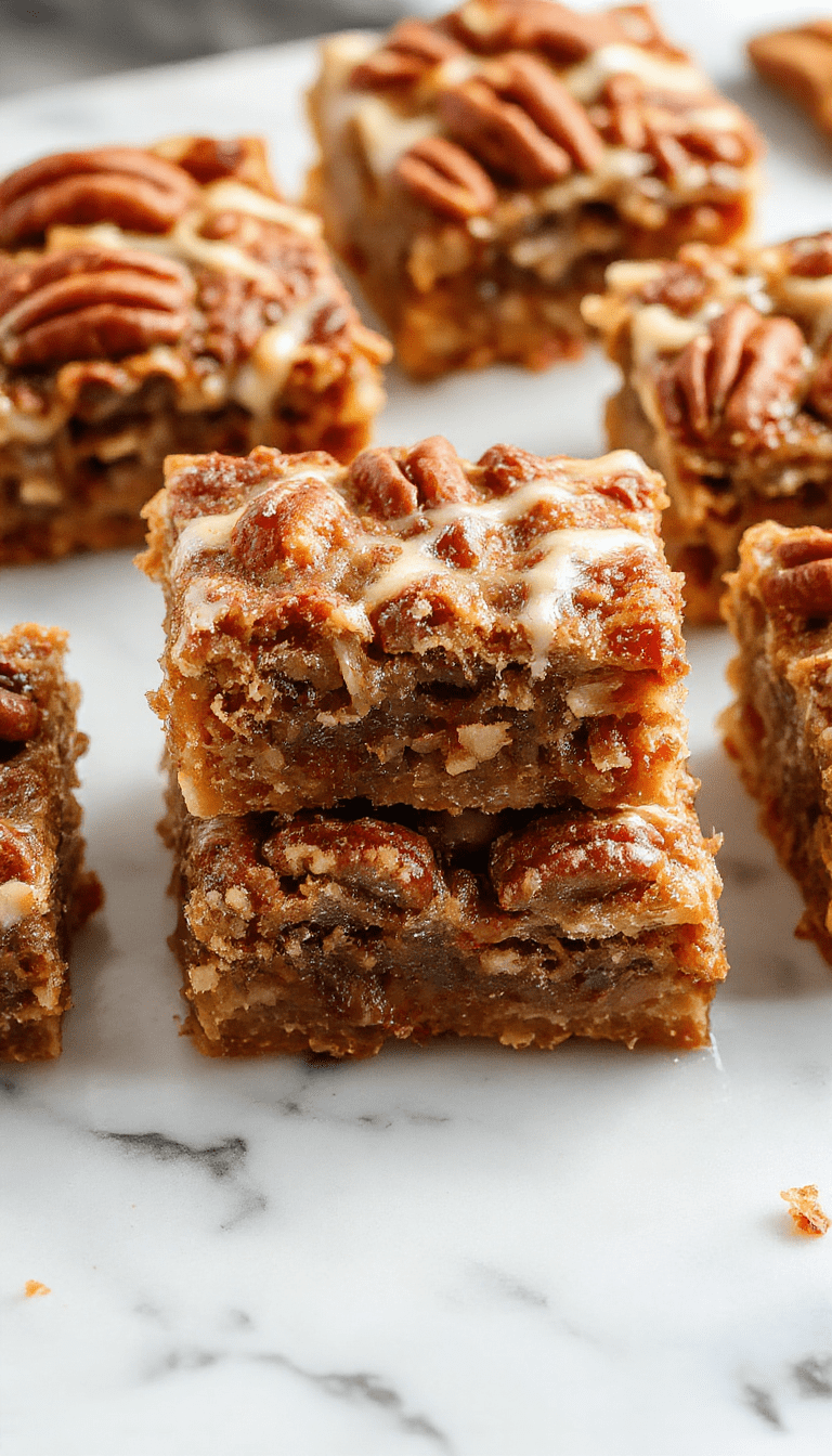 A close-up of golden-brown pecan pie bars arranged on a rustic wooden platter, topped with chopped pecans and drizzled with caramel sauce, showcasing their crumbly texture and glossy finish