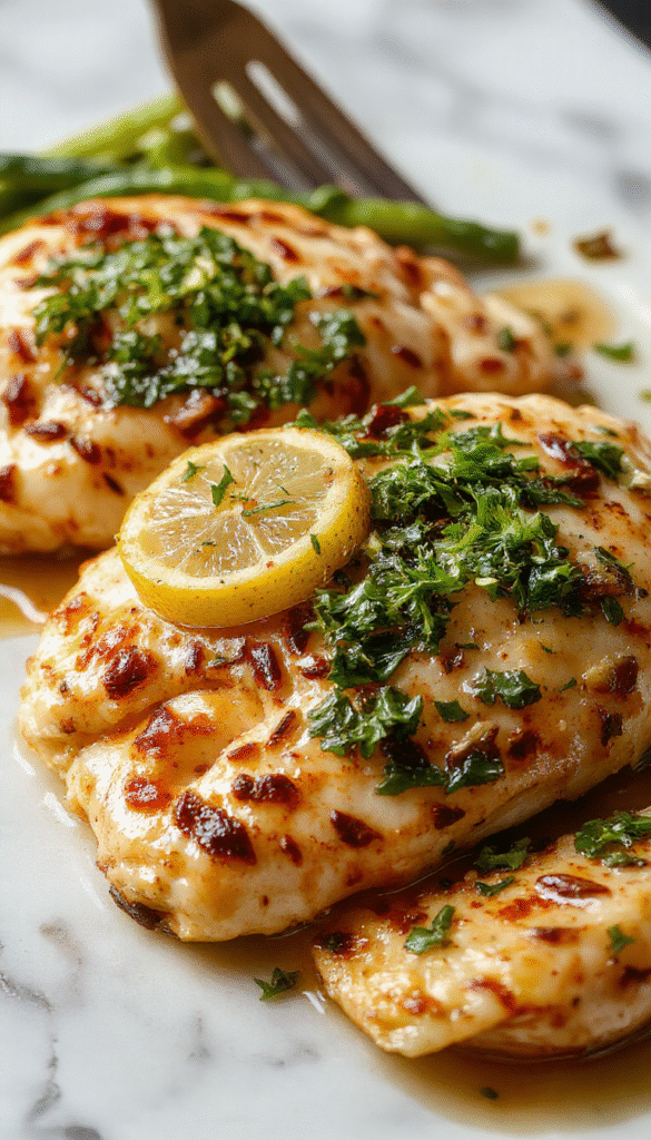 A beautifully plated lemon chicken romano dish with golden-brown chicken breasts topped with fresh lemon slices and chopped parsley. The plate is styled with a sprig of fresh herbs on a rustic wooden table backdrop, showcasing vibrant yellow lemon wedges, crispy textures, and colorful herbs, evoking a warm, comforting, and inviting atmosphere.