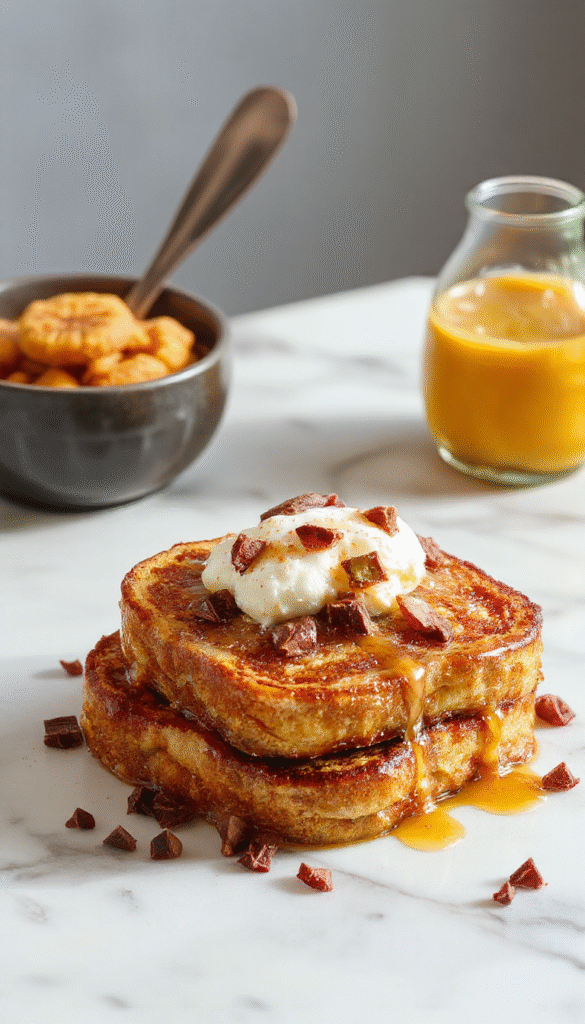 A vibrant plate of pumpkin French toast drizzled with maple syrup, topped with whipped cream, cinnamon, and fresh pumpkin slices, styled on a rustic wooden table with autumn-themed decor and warm lighting.