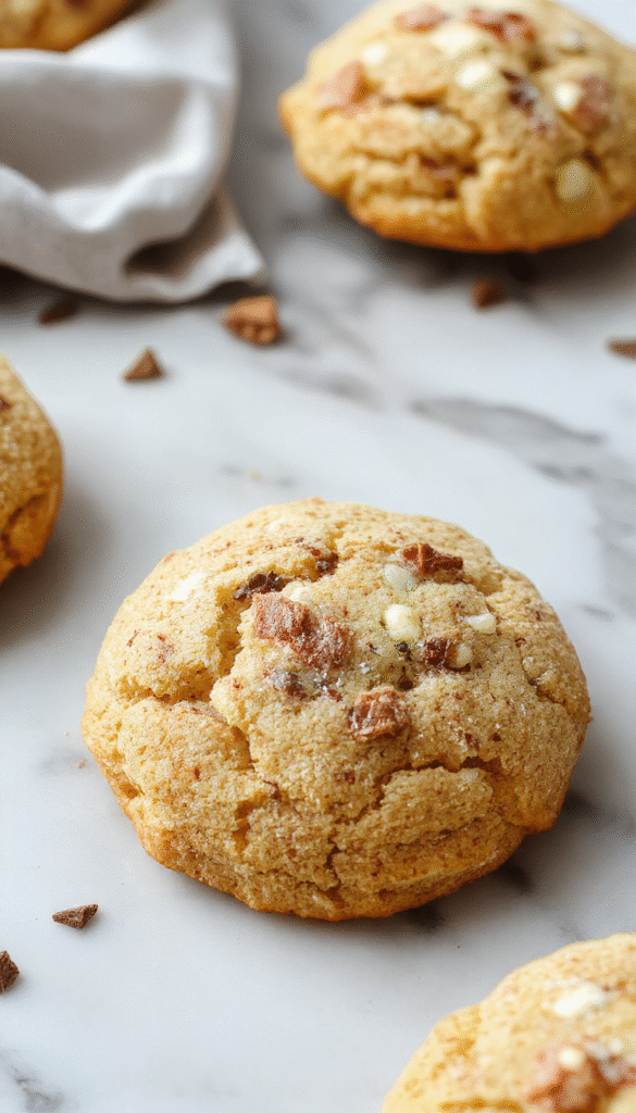 A close-up of golden-brown snickerdoodle cookies with a crispy cinnamon sugar coating, piled on a white plate with a sprinkle of cinnamon and a sliced red apple in the background, showcasing a warm and inviting dessert scene.