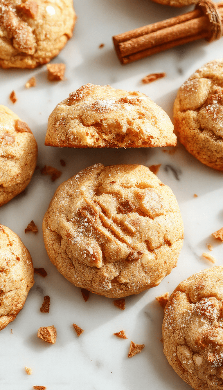 A close-up of golden-brown snickerdoodle cookies with cinnamon sugar coating, garnished with slices of fresh apple and a sprinkle of cinnamon, arranged on a rustic wooden plate with a colorful cloth in the background, highlighting their soft texture and inviting aroma.
