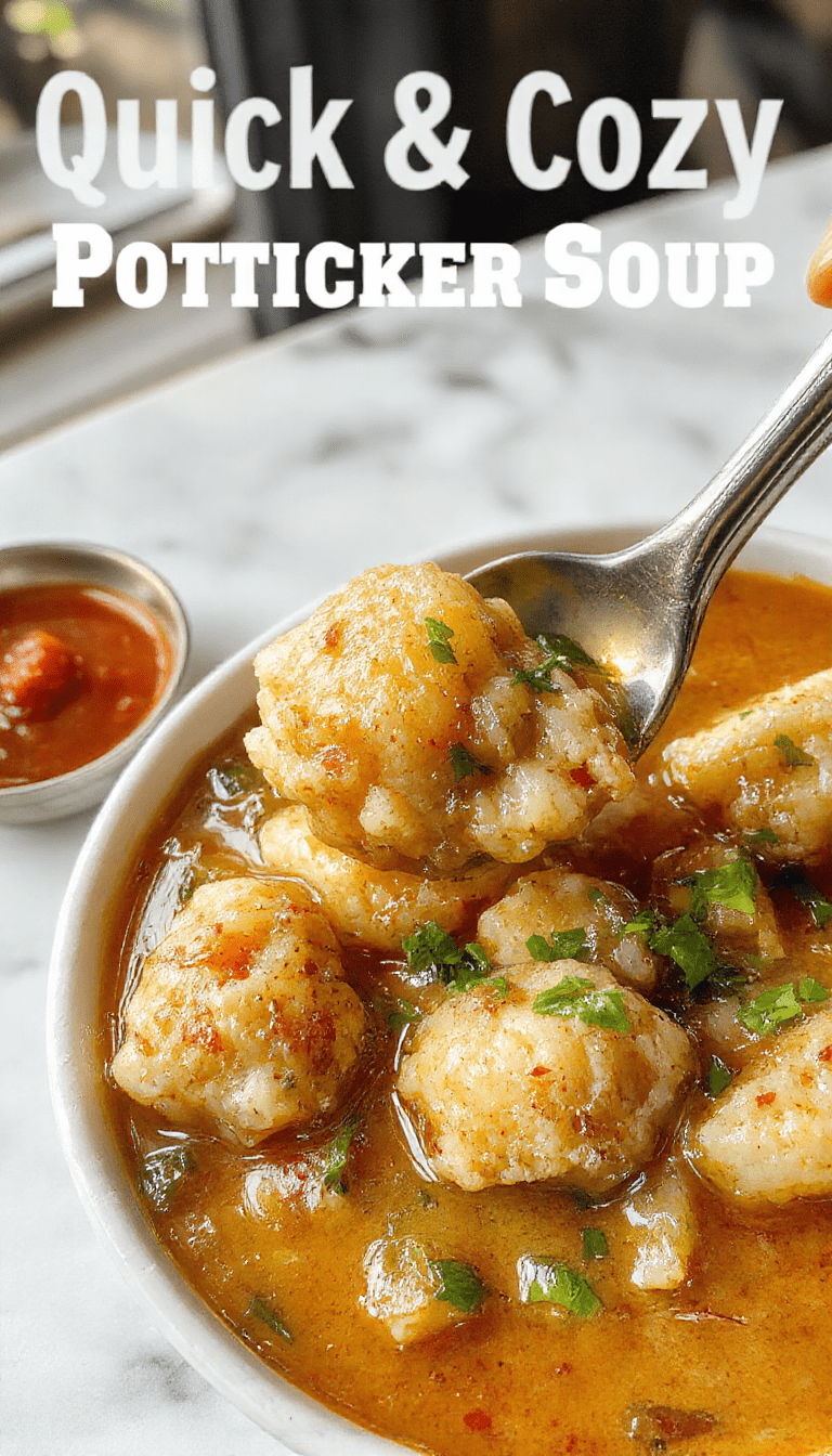 A vibrant bowl of potsticker soup featuring golden-brown potstickers floating in a steaming, clear broth garnished with chopped green onions and sliced carrots, styled in a rustic white bowl on a wooden table with fresh ingredients nearby