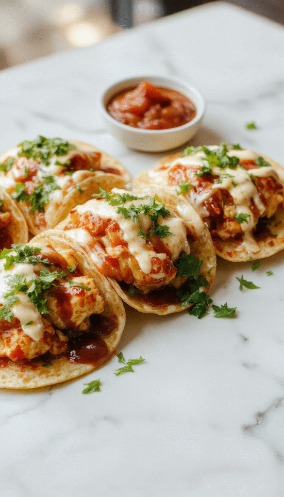 A vibrant plate featuring golden-brown mini baked chicken tacos topped with fresh lettuce, diced tomatoes, shredded cheese, and a drizzle of salsa, arranged neatly on a rustic wooden surface with a bright backdrop