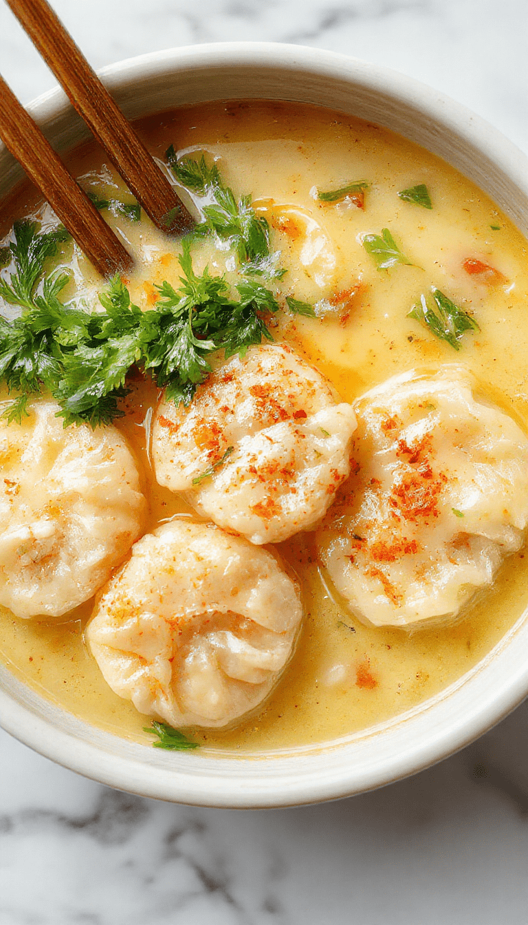 A vibrant bowl of Asian dumpling potsticker soup featuring golden-brown potstickers floating in a steaming clear broth, garnished with chopped scallions and cilantro, with colorful vegetables and noodles visible underneath, styled in a rustic bowl on a wooden table.