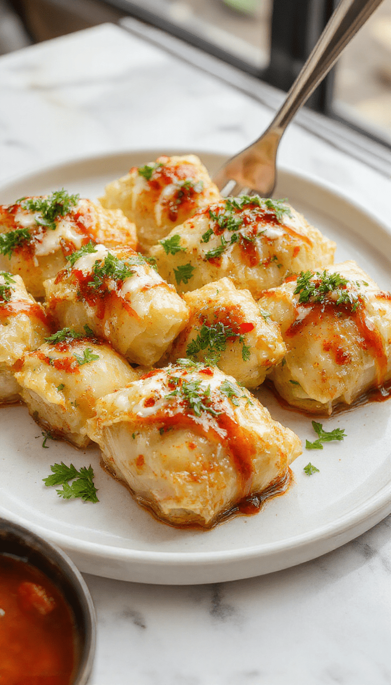 Colorful cabbage rolls arranged neatly on a white plate, showcasing vibrant green leaves filled with seasoned meat and rice, topped with a rich tomato sauce, styled simply with a rustic wooden background.