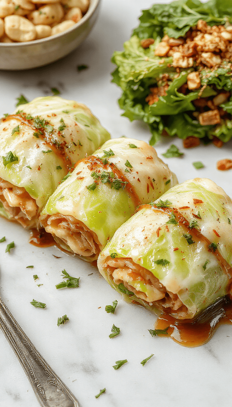 A vibrant plate featuring rolled cabbage leaves filled with a savory mixture of ground meat and rice, topped with melted cheese and garnished with fresh herbs, with a rustic wooden background and a serving spoon beside.