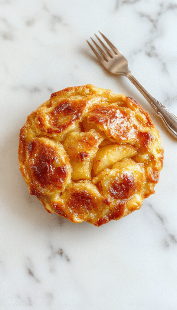 A beautifully plated slice of apple pie with a golden, flaky crust and tender apple filling, topped with a dusting of powdered sugar and a sprig of fresh mint, on a rustic wooden table with warm lighting.