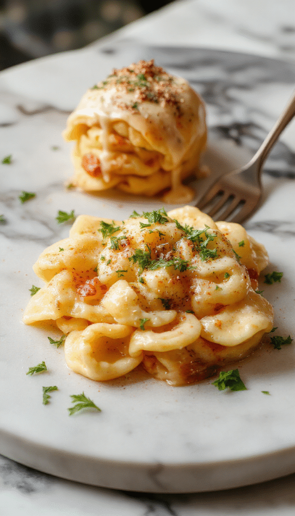 A close-up of a vibrant plate of tortellini pasta tossed in a creamy sauce, garnished with fresh basil leaves. The tortellini are golden and plump, elegantly arranged on a white porcelain plate with a drizzle of sauce, showcasing the rich textures and inviting colors. The background features rustic wooden tableware, creating a warm, romantic ambiance perfect for a special meal.